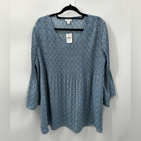 J. Jill Tops - NWT XL J JILL pleat blue floral oversized woman bell sleeve top coastal grandma